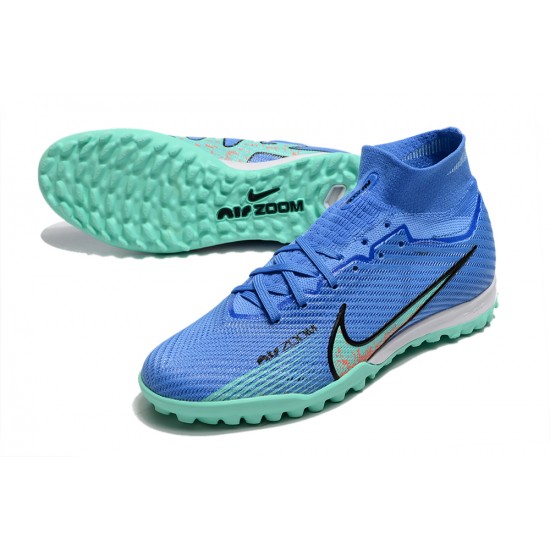 Nike Air Zoom Mercurial Superfly IX Elite TF High-top Blue Turqoise Women And Men Soccer Cleats 