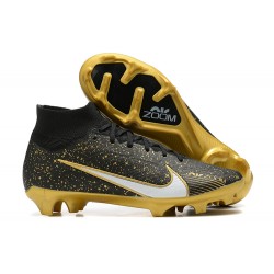 Nike Air Zoom Mercurial Superfly Ix Elite Fg Black White Gold For Men High-top Football Cleats 