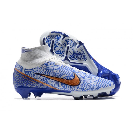 Nike Air Zoom Mercurial Superfly Ix Elite Fg White Blue Gold For Men High-top Football Cleats