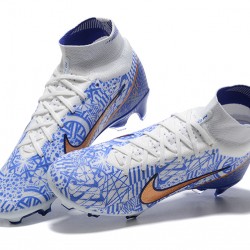 Nike Air Zoom Mercurial Superfly Ix Elite Fg White Blue Gold For Men High-top Football Cleats 