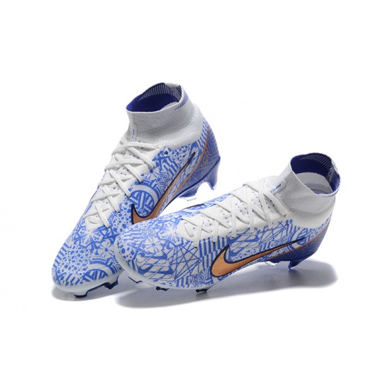 Nike Air Zoom Mercurial Superfly Ix Elite Fg White Blue Gold For Men High-top Football Cleats 