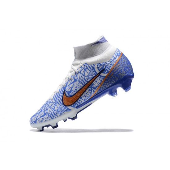 Nike Air Zoom Mercurial Superfly Ix Elite Fg White Blue Gold For Men High-top Football Cleats 