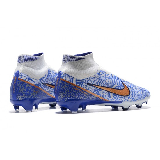 Nike Air Zoom Mercurial Superfly Ix Elite Fg White Blue Gold For Men High-top Football Cleats