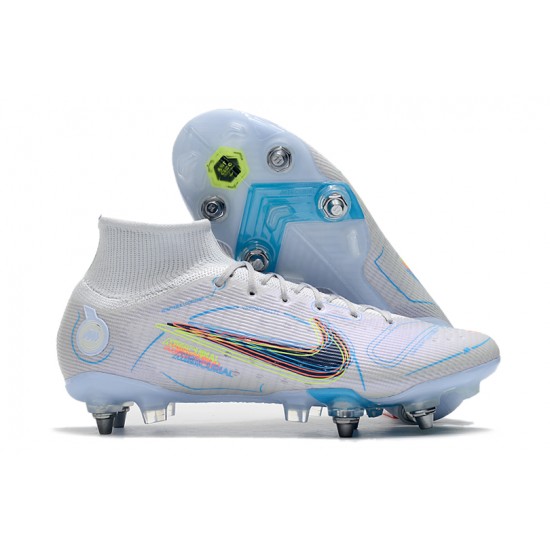 Nike Mercurial Superfly VIII Elite SG PRO Anti Clog High-top White Blue Men Soccer Cleats 