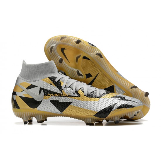 Nike Phantom GT Elite Dynamic Fit FG High-top Sliver Gold Men Soccer Cleats 