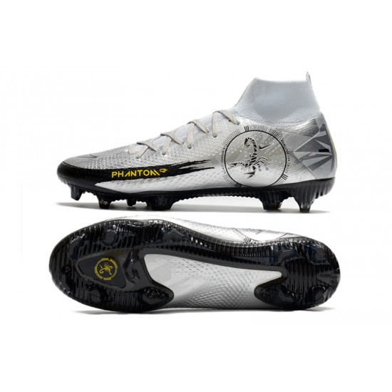 Nike Phantom Scorpion Elite Dynamic Fit FG Low Mens Silver Yellow Black Soccer Cleats