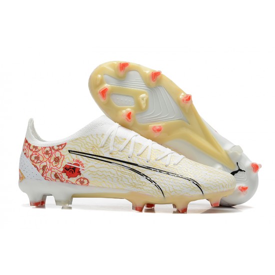 Puma Ultra Ultimate FG Low-Top White Beige Red For Men Soccer Cleats