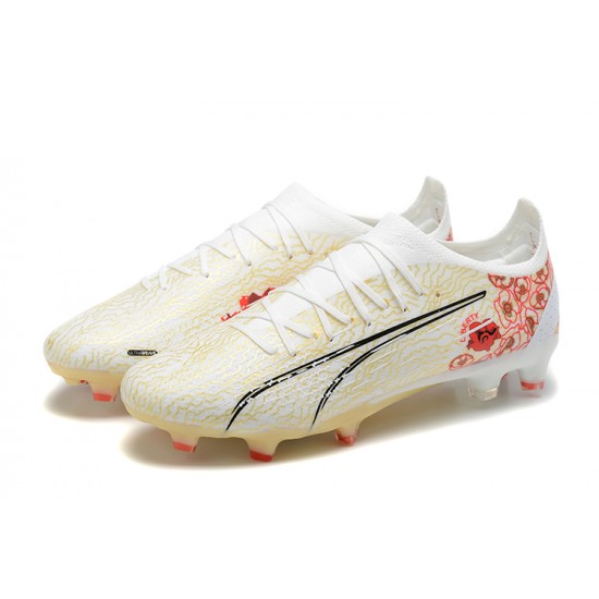 Puma Ultra Ultimate FG Low-Top White Beige Red For Men Soccer Cleats 