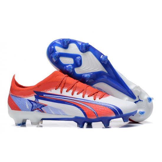 Puma Ultra Ultimate FG Low-Top White Blue Red For Men Soccer Cleats